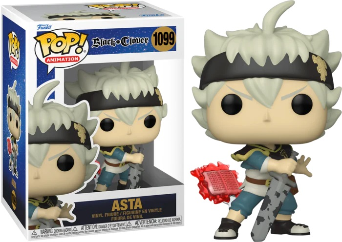 Figura de vinilo Funko Pop de Asta de Black Clover, dentro de su caja y de pie al lado.