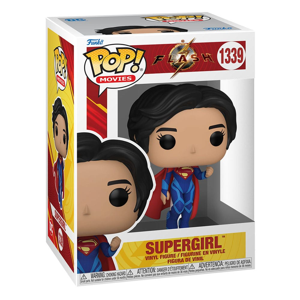 Figura de vinilo Funko Pop Supergirl de The Flash en su caja, con cabello negro y traje azul y rojo.