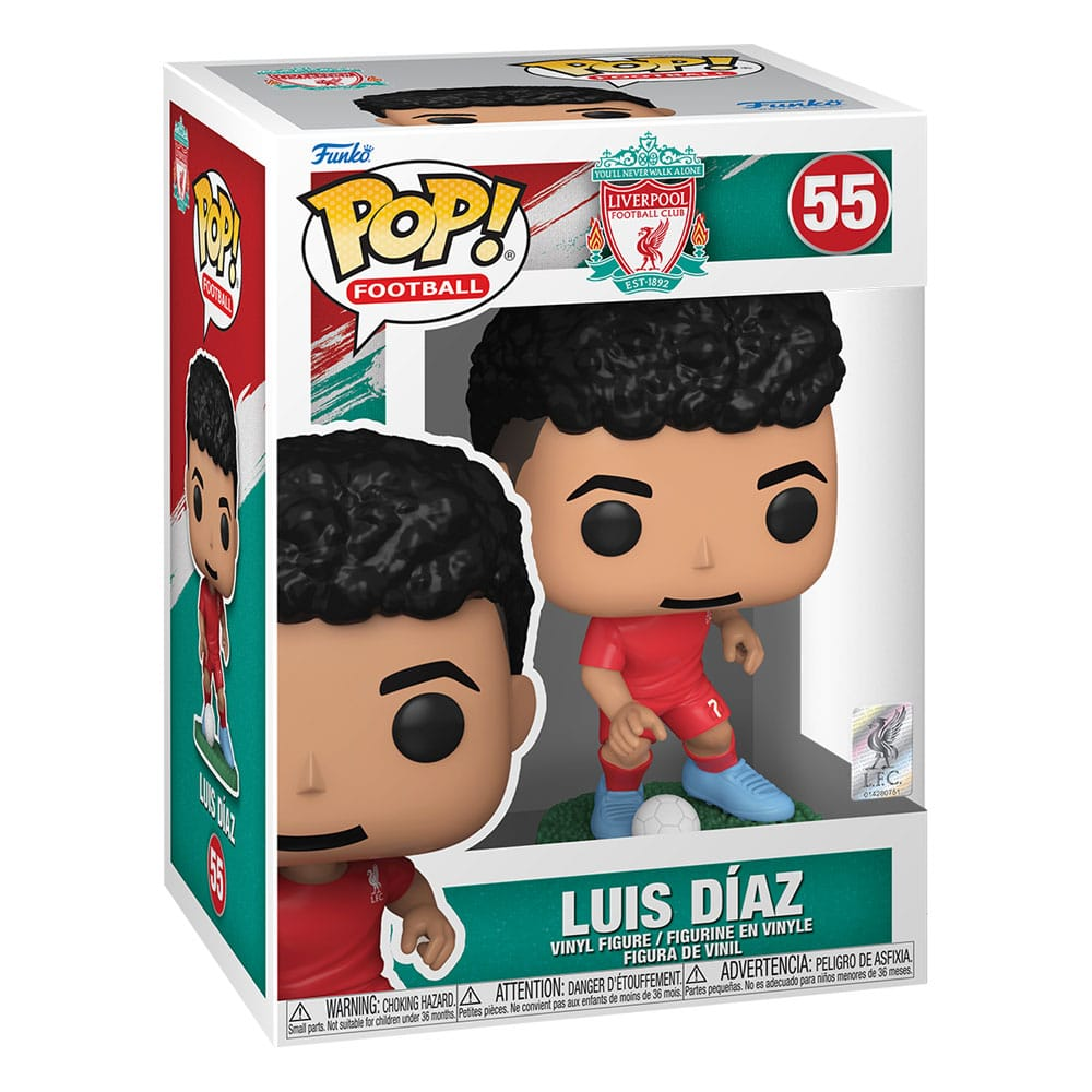 Figurine vinyle Funko Pop de Luis Díaz en tenue de Liverpool avec un ballon, en boîte numérotée.