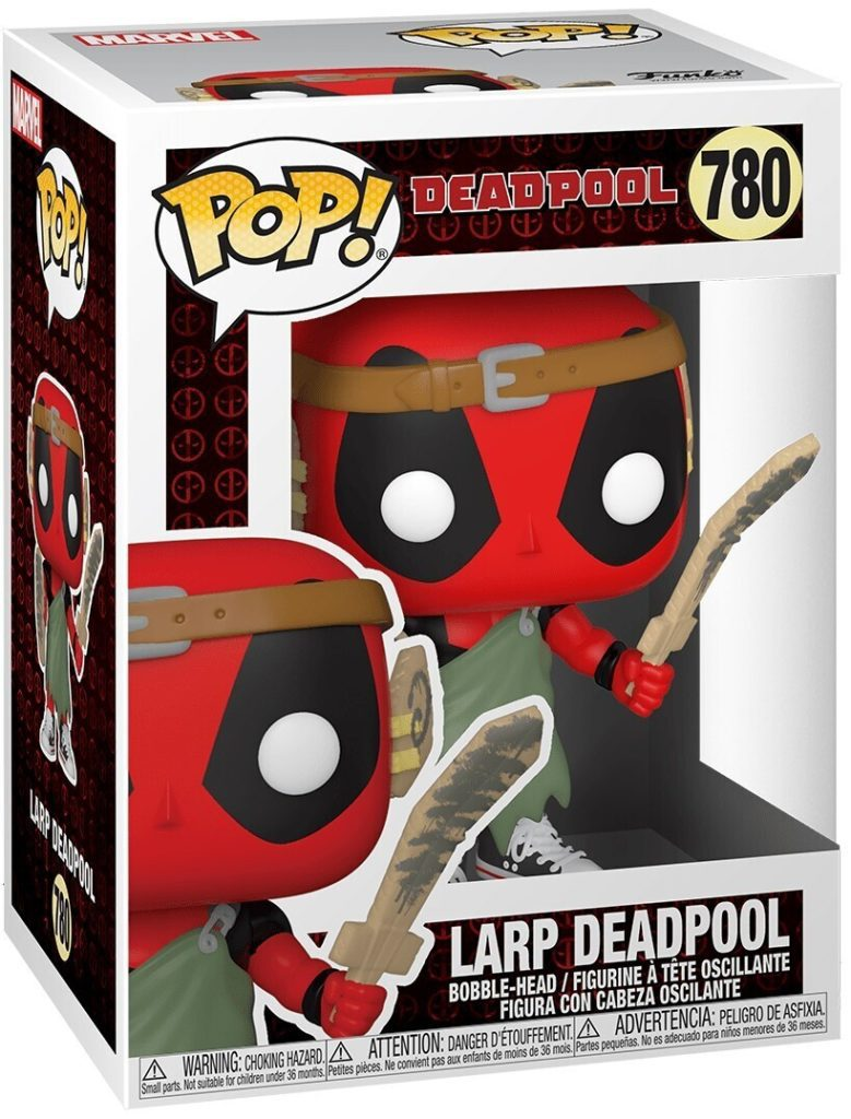 Eine Pop! Figur von LARP Deadpool in Box mit Schwert und Rüstung.