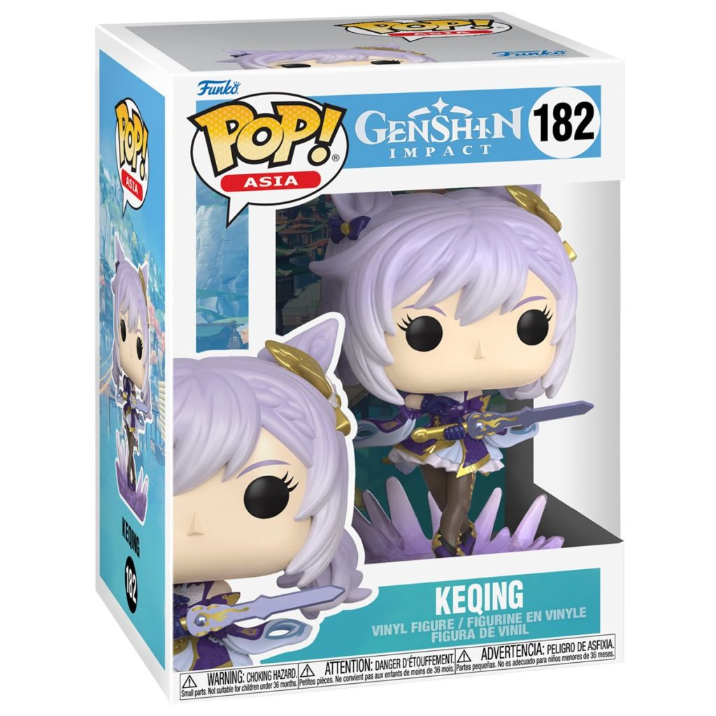 Una figura de vinilo Funko Pop Asia Keqing de Genshin Impact en su caja original.
