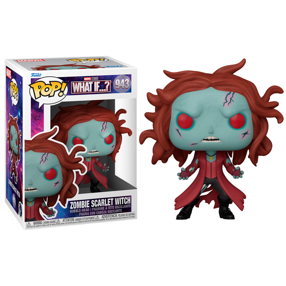 Funko Pop Zombie Scarlet Witch Vinylfigur in Box mit roten Haaren und blasser Haut.