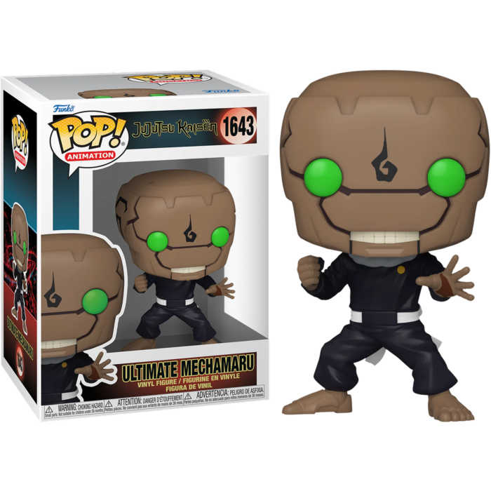 Figurka Funko Pop Ultimate Mechamaru w pudelku z kamienna glowa robota i czarnym strojem.