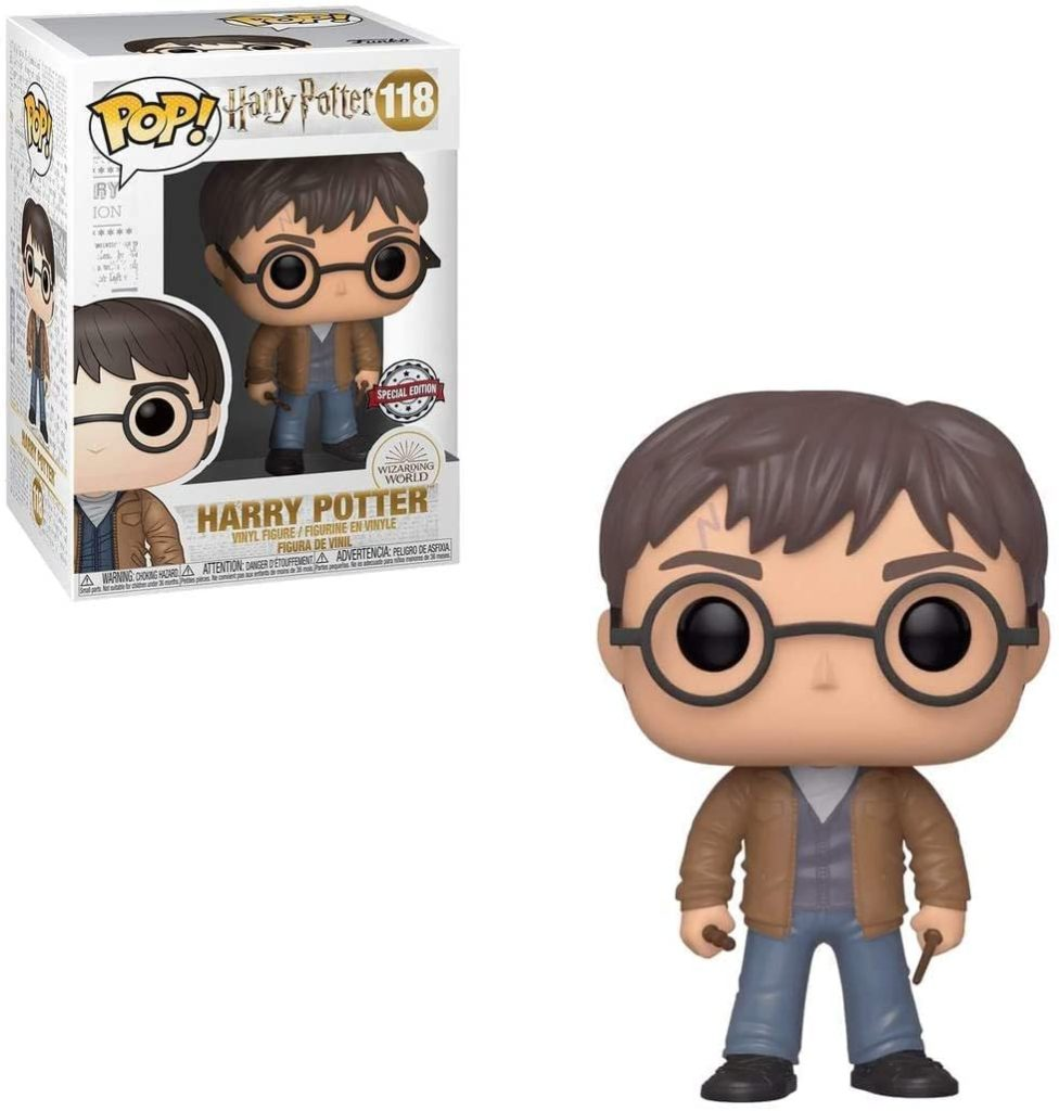 Harry Potter Funko Pop Figur mit Brille und Zauberstab, in und neben der Verpackung.