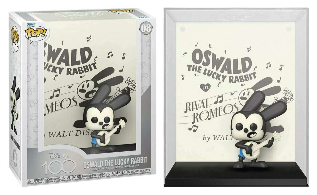 Una figura Funko Pop de Oswald el conejo afortunado tocando un banjo, dentro y fuera de su caja.