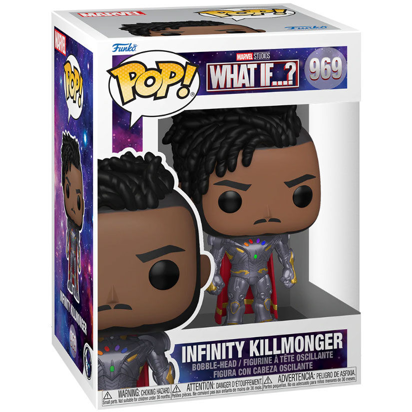 Figura Funko Pop de Infinity Killmonger en caja con diseño cósmico.