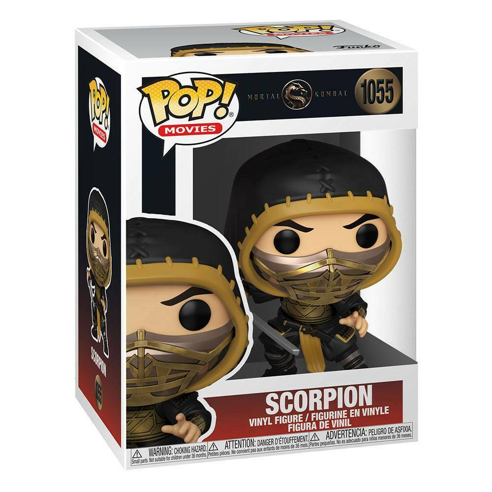 Funko Pop Box mit einer Scorpion Vinylfigur aus Mortal Kombat, Nummer 1055, mit schwarz-goldenen Details.