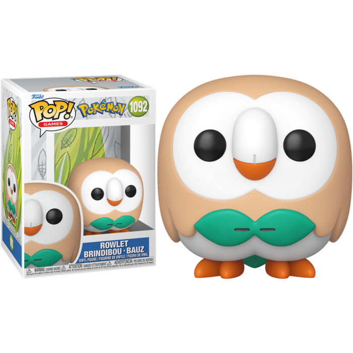 Rowlet Pokémon Funko Pop Figur mit ihrer Originalverpackung auf schwarzem Hintergrund.