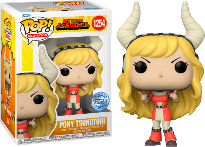 Figura de vinilo Funko Pop de Pony Tsunotori de My Hero Academia con cuernos, cabello rubio y traje rojo.