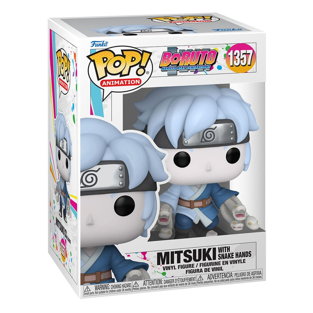 Funko Pop Figur von Mitsuki mit Schlangenhänden aus Boruto in einer bunten Sammlerbox.