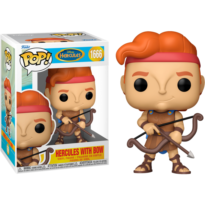Figura de vinilo Funko Pop de Hércules con un arco, con su caja de embalaje a la izquierda, sobre fondo negro.