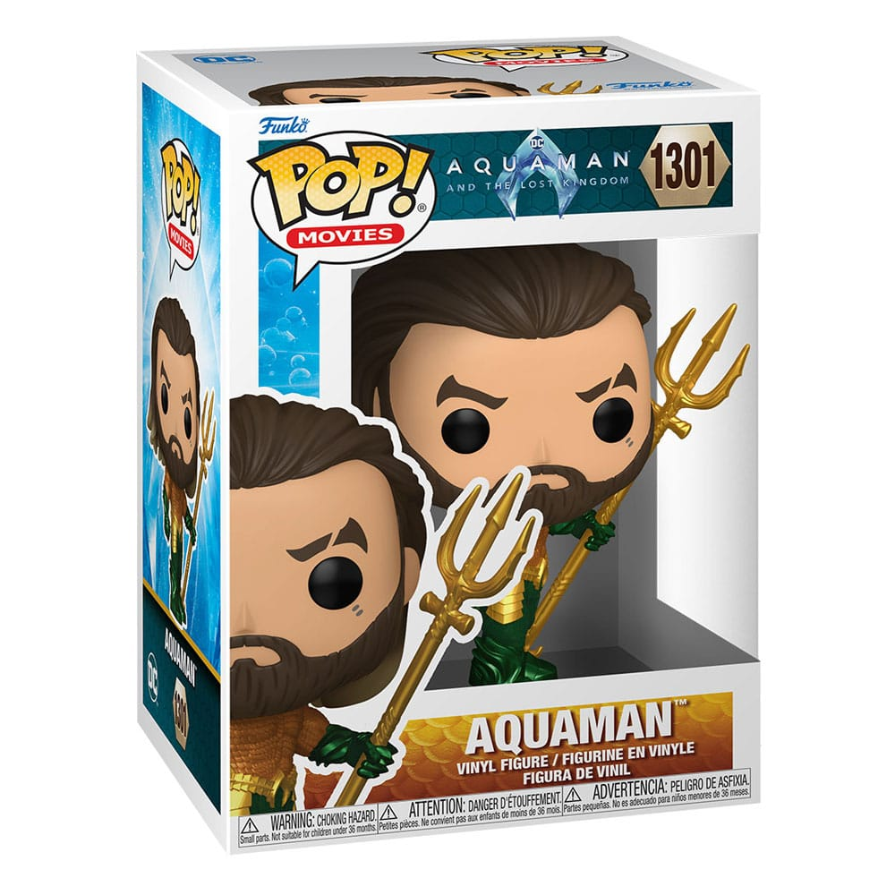 Aquaman Funko Pop-Figur in Originalverpackung mit goldenem Dreizack und grünem Kostüm.