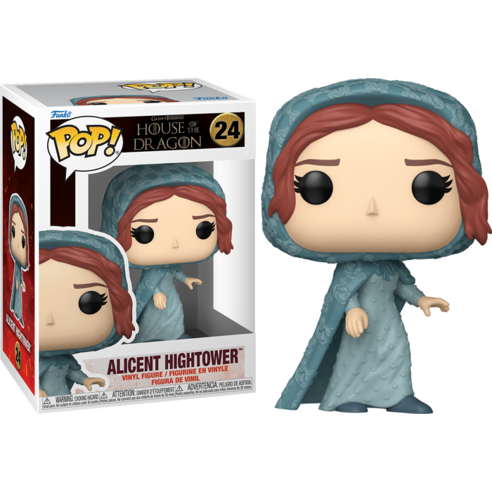 Figura de vinilo Funko Pop de Alicent Hightower en un vestido azul con capucha y su caja.