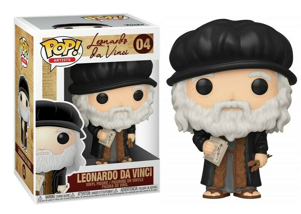 Leonardo da Vinci Funko Pop Vinyl Figur mit Box, langem weißen Bart und schwarzer Baskenmütze.