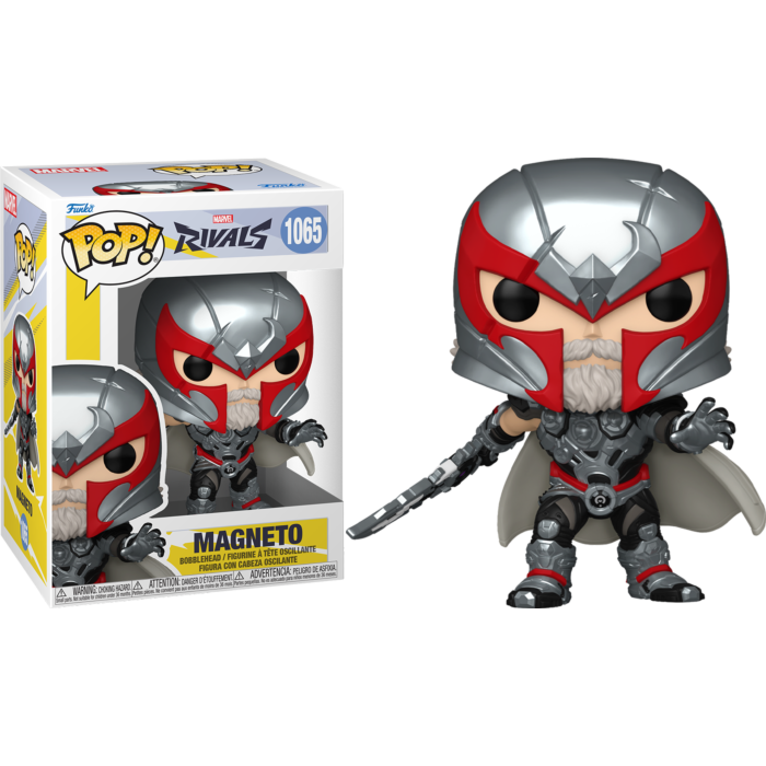 Figura Funko Pop de Magneto de Marvel Rivals con casco plateado y rojo, de pie junto a su caja de embalaje colorida.
