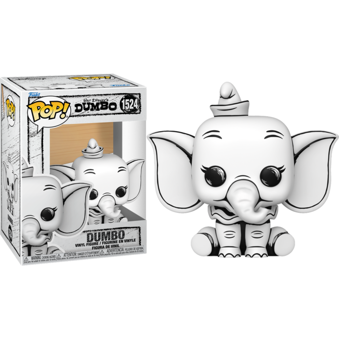Una figura de vinilo Funko Pop de Dumbo en blanco y negro junto a su caja.