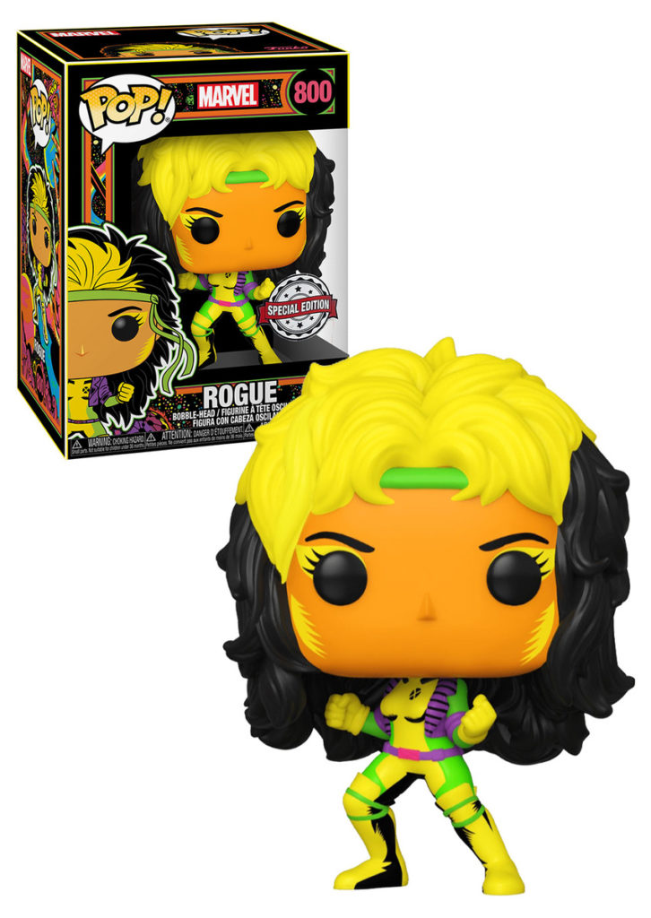 Eine Funko Pop Marvel Rogue Figur in einer Blacklight-Sonderedition, neben der Figur.
