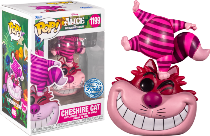 Figura Funko POP dello Stregatto dentro e accanto alla sua scatola colorata.