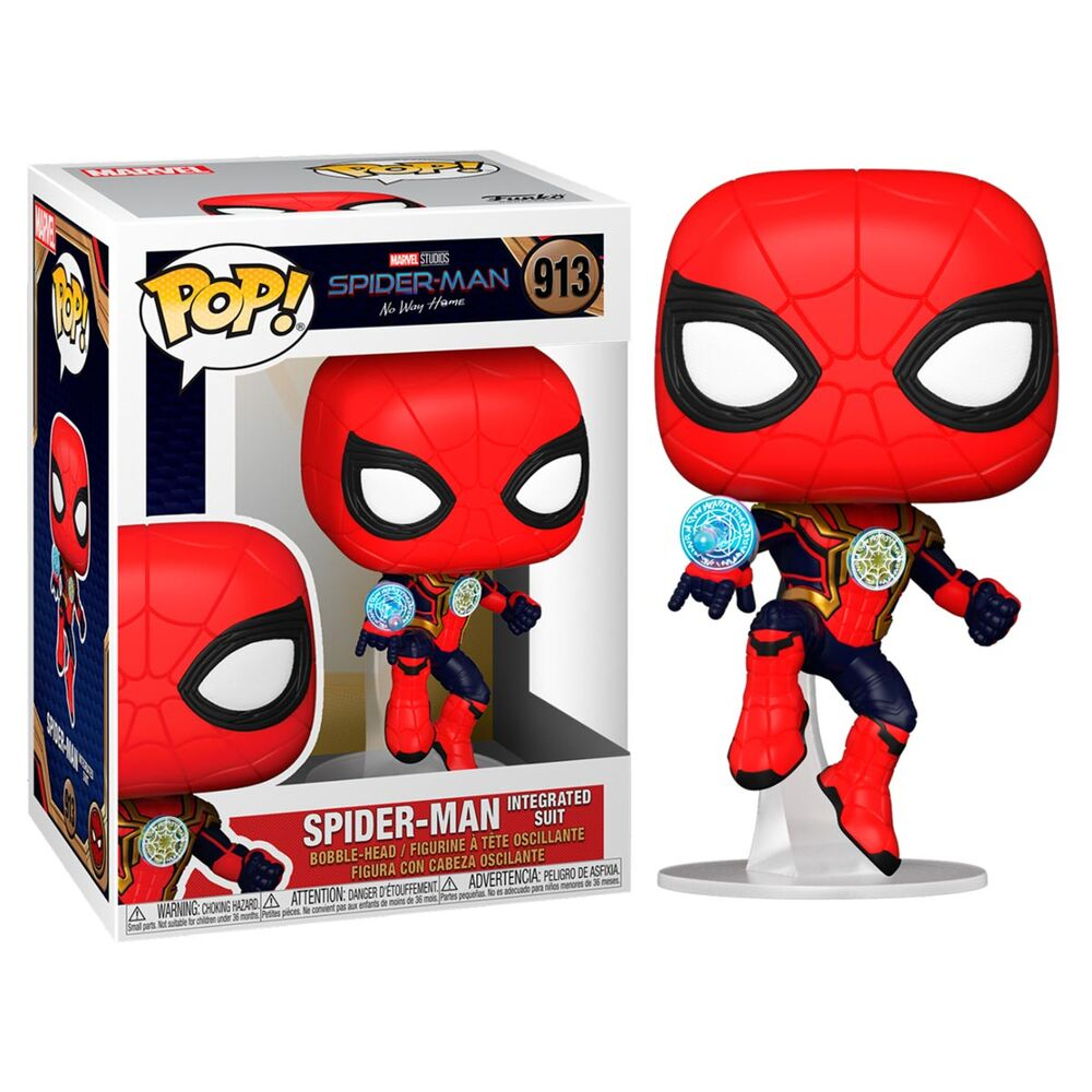Spider-Man Funko Pop Figur mit integriertem Anzug und Verpackung.