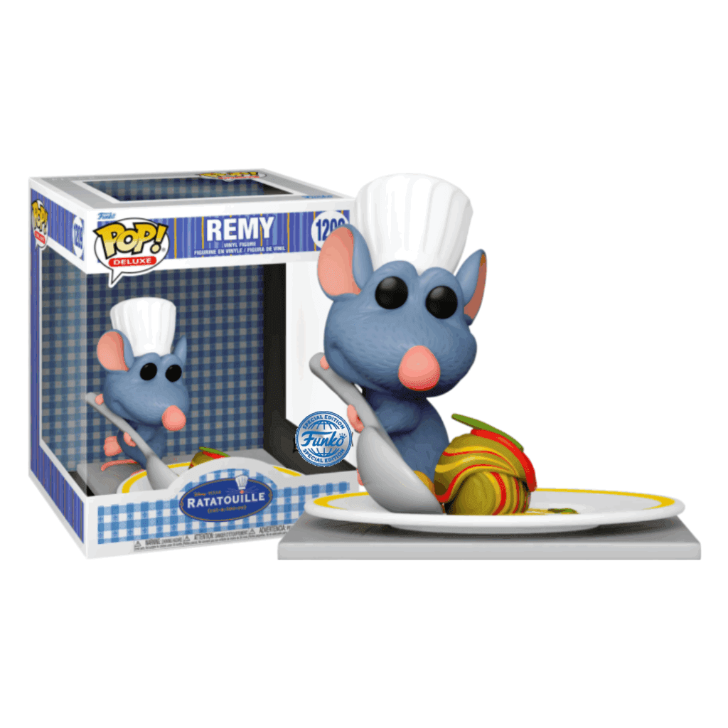 Eine Funko Pop Figur von Remy aus Ratatouille in Kochmütze neben seiner Verpackung.
