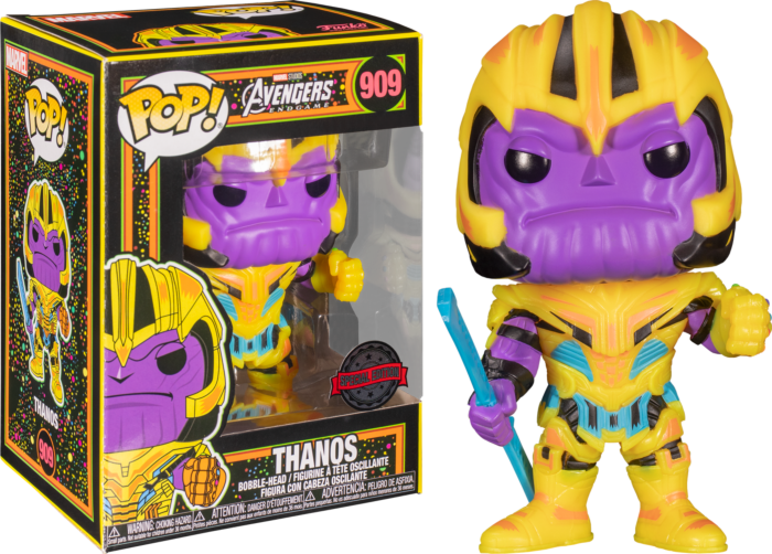 Thanos Funko Pop Vinylfigur in gelb-lila Rüstung neben ihrer bunten Originalverpackung.
