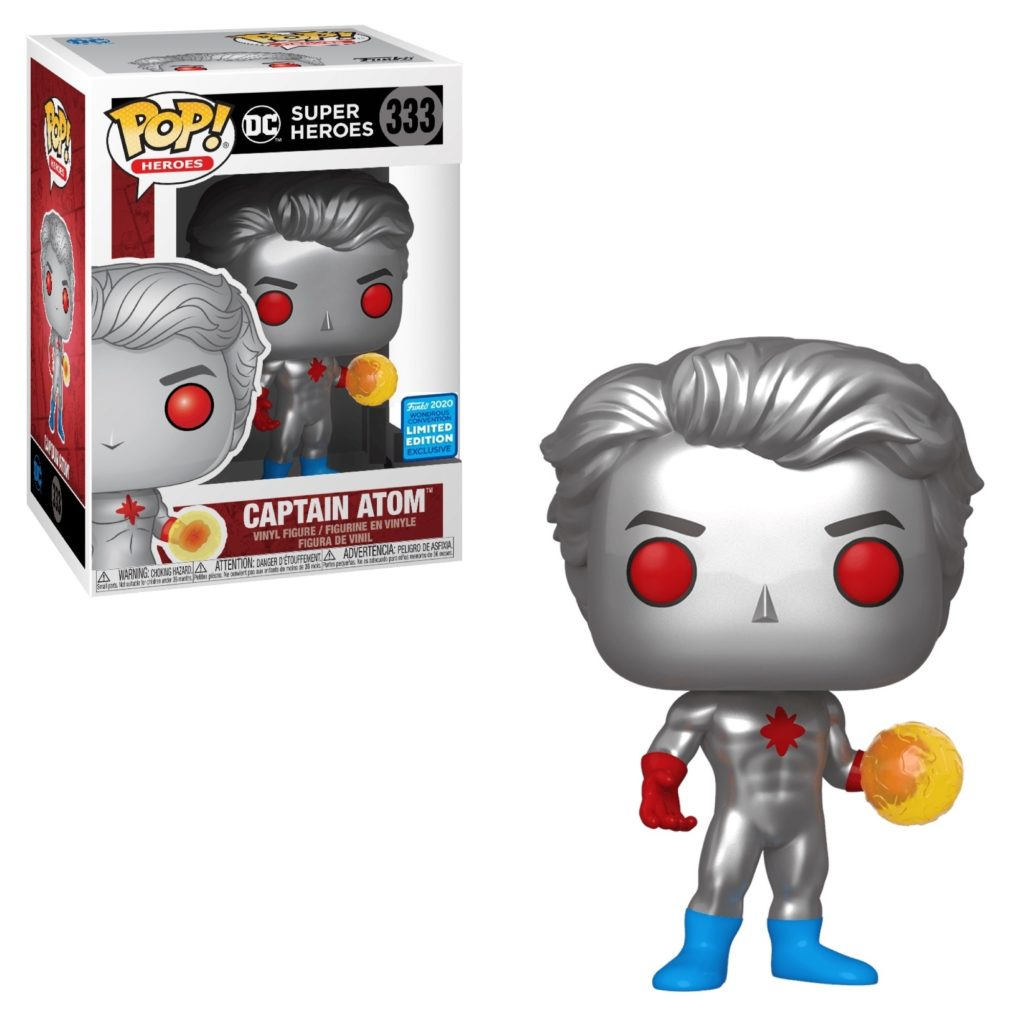 Figura de vinilo Funko Pop de Captain Atom junto a su caja con traje plateado, ojos rojos y una bola de energía.