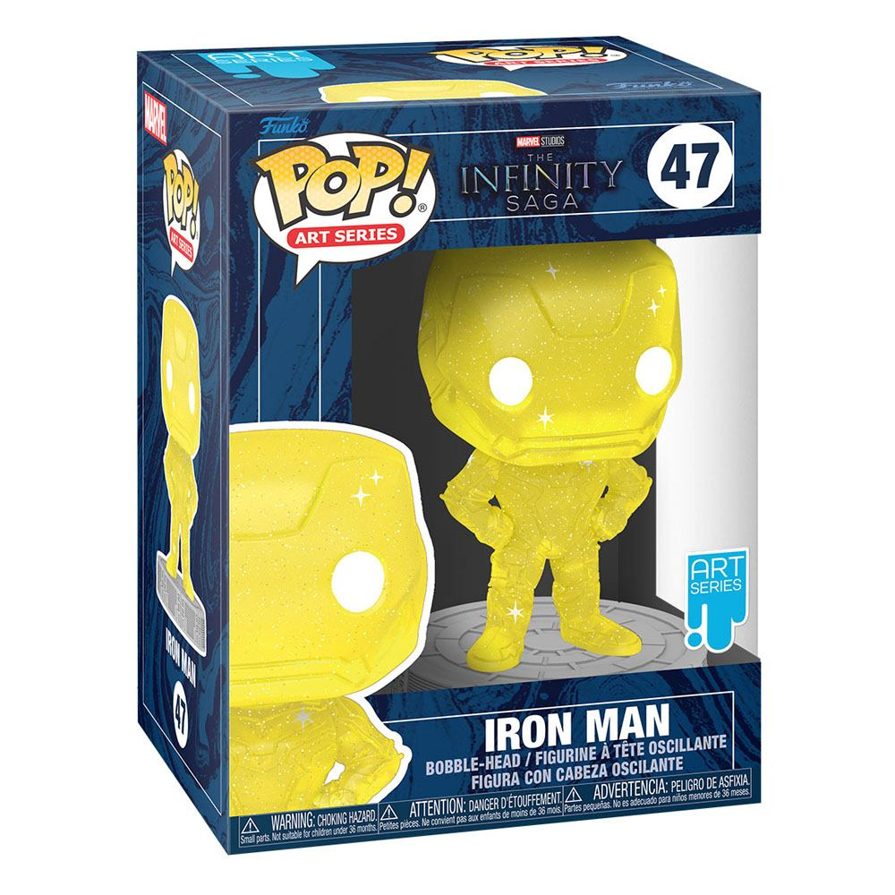 Eine gelbe, glitzernde Iron Man Funko Pop Figur in ihrer blauen Verpackung.