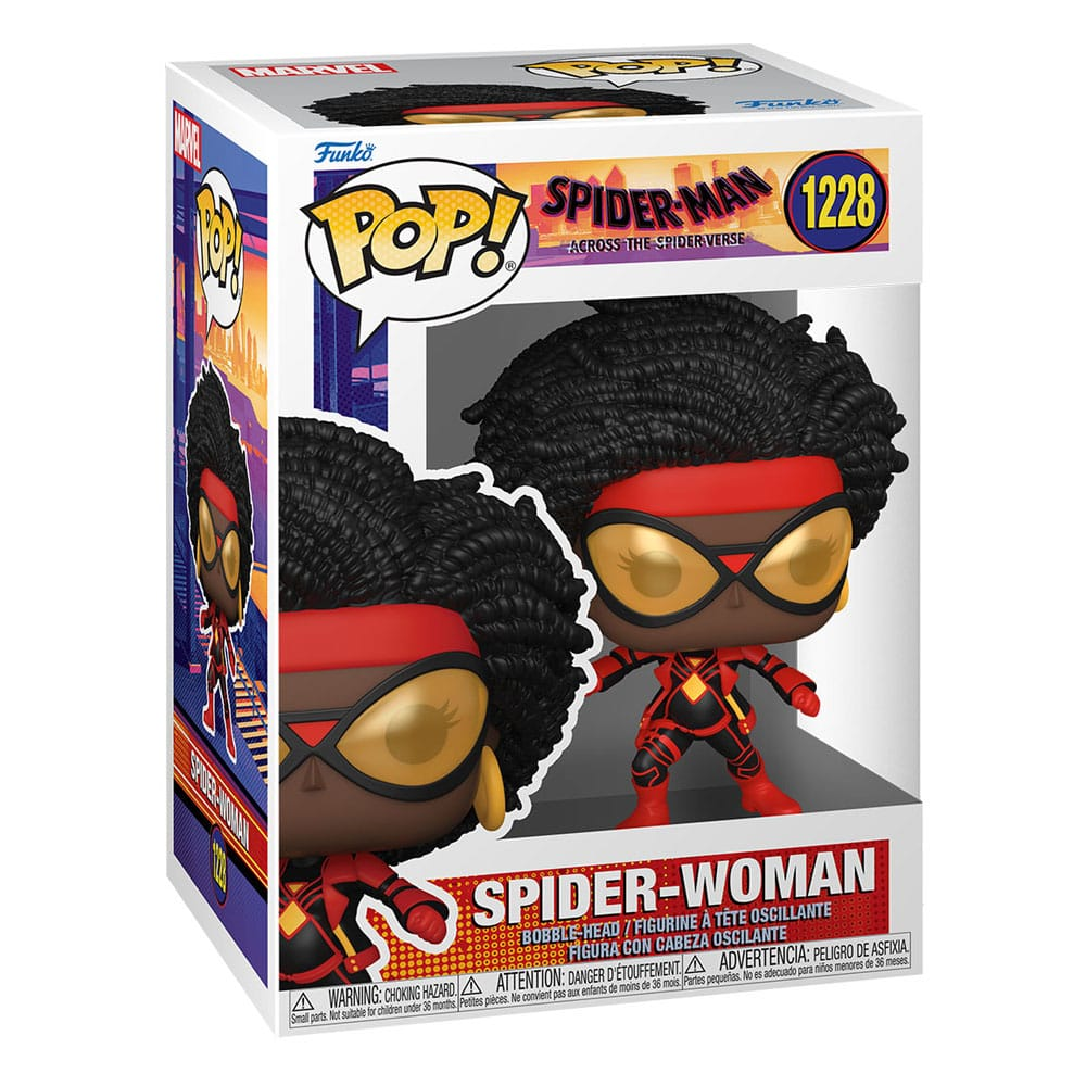Figurine Funko Pop Spider-Woman en boîte avec cheveux afro et costume rouge et noir.