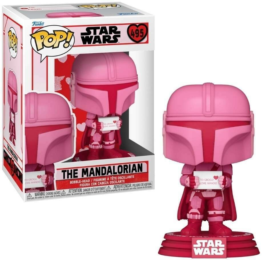 Rosa Mandalorian Funko Pop Figur mit Liebesbrief neben ihrer Box.