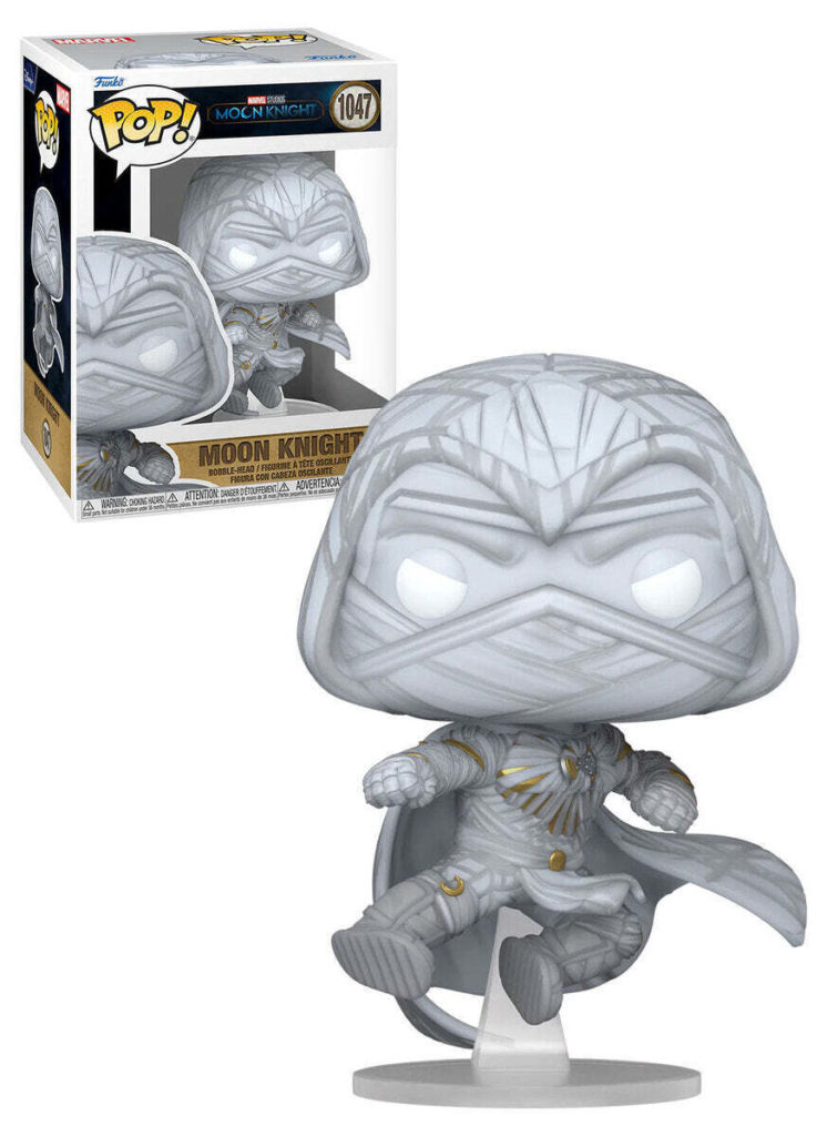 Une figurine Funko Pop de Moon Knight dans une pose d'action dynamique, présentée avec sa boîte.