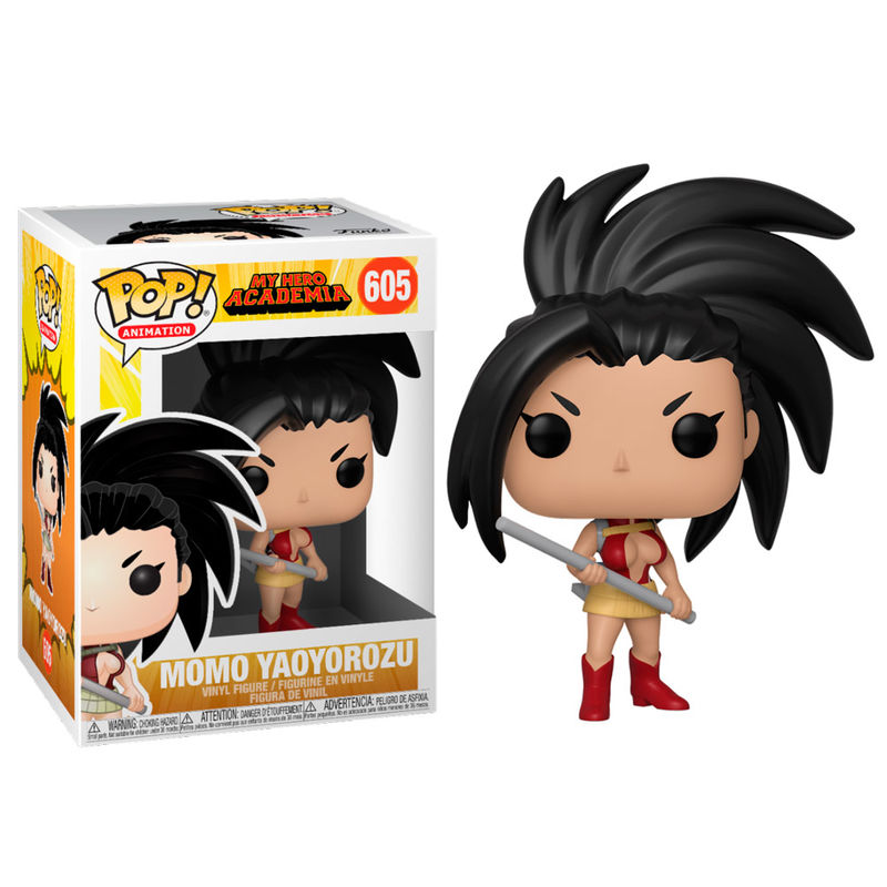 Figura Funko Pop de Momo Yaoyorozu con bastón y caja.