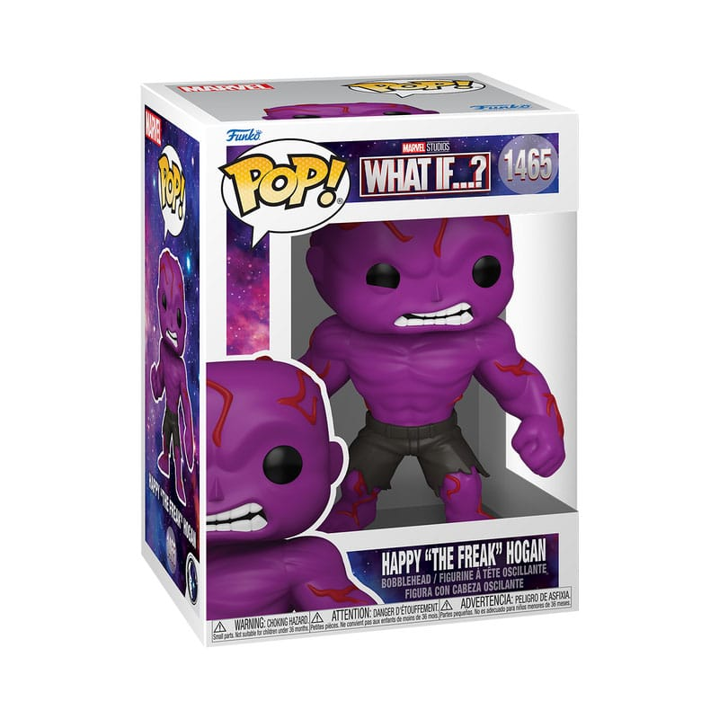 Una caja Funko Pop con Happy The Freak Hogan como una figura morada y musculosa de Marvel Studios What If...?