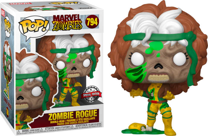 Funko Pop Marvel Zombies Zombie Rogue Figur mit Box und grünem Schleim.