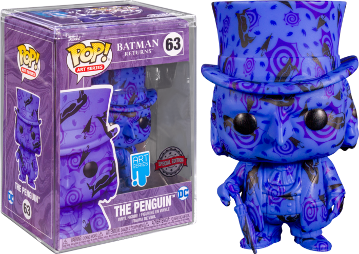 Batman Returns Pinguin Pop! Vinylfigur mit blauem Regenschirm-Muster in Box.