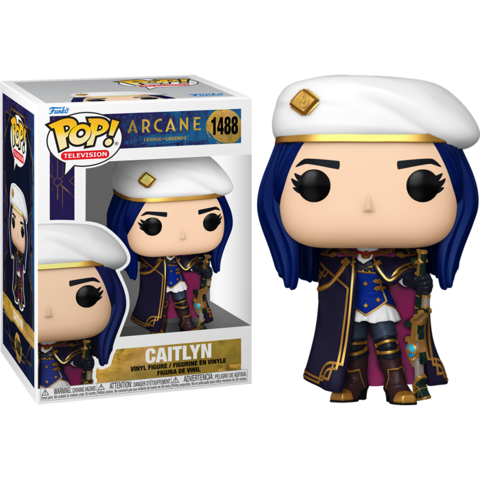Figura de vinilo Funko Pop de Caitlyn de Arcane con rifle y boina blanca, junto a su caja.