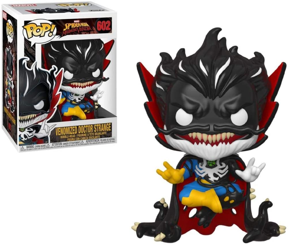 Figura Funko Pop di Venomized Doctor Strange con scatola, seduto in armatura nera e rossa.