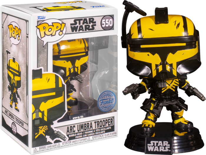 Star Wars Arc Umbra Trooper Funko Pop Figur mit Verpackung auf schwarzem Hintergrund.