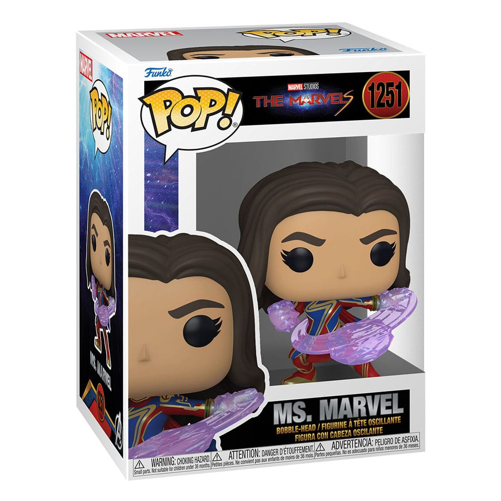 Figura Funko Pop di Ms. Marvel da The Marvels in scatola da collezione con finestra trasparente.