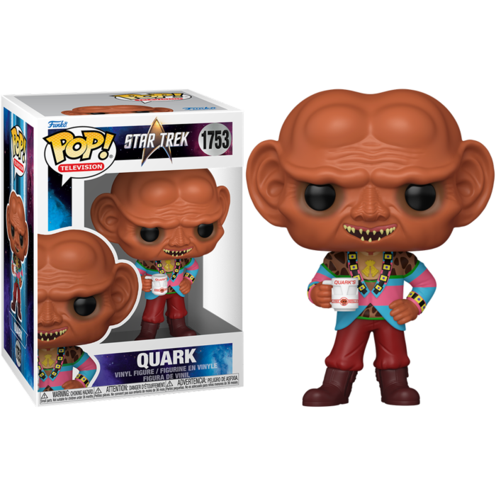 Una figura de vinilo Funko Pop de Quark de Star Trek sosteniendo una taza junto a su caja.