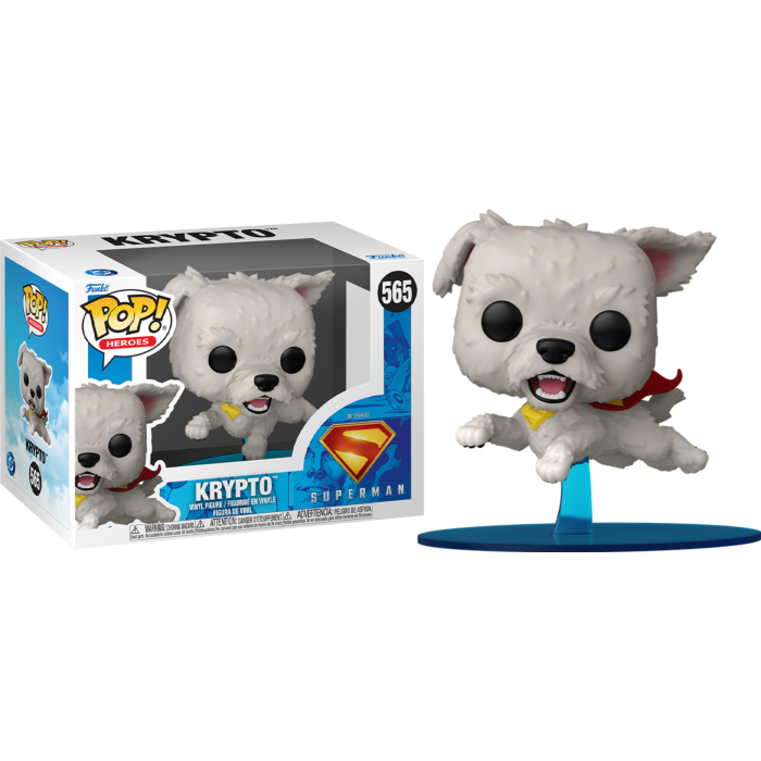 Figura de vinilo Krypto Funko Pop con capa roja junto a su embalaje sobre fondo negro.