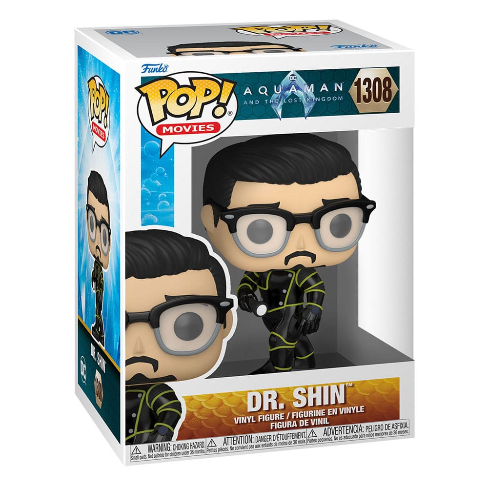 Figura de vinilo Funko Pop de Dr. Shin de Aquaman dentro de su caja colorida.