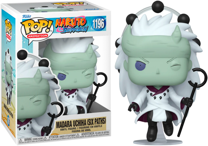 Madara Uchiha Six Paths Funko Pop Figur mit weißem Haar und Stab.