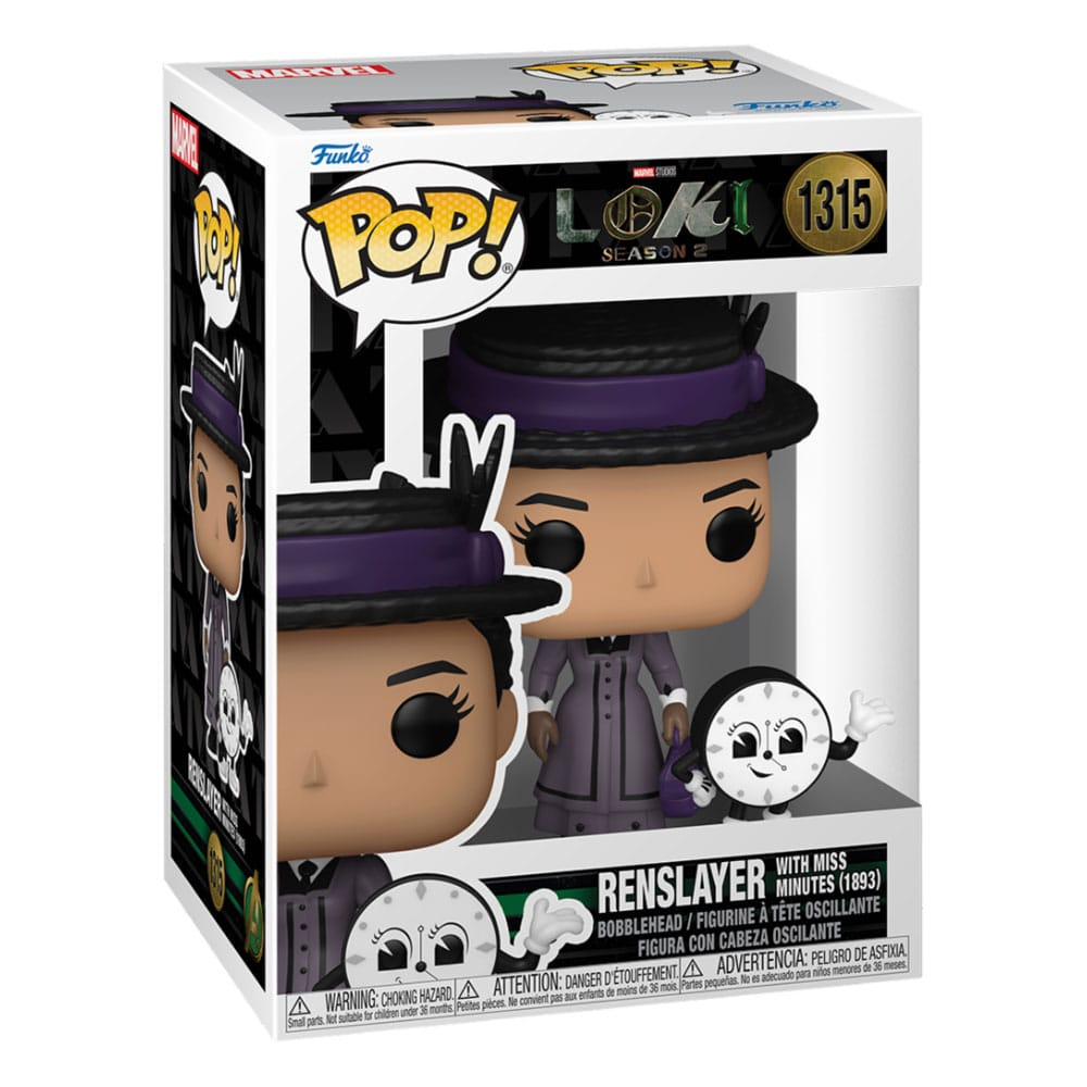 Una caja Funko Pop de Renslayer con Miss Minutes de Loki Temporada 2, mostrando las figuras coleccionables.