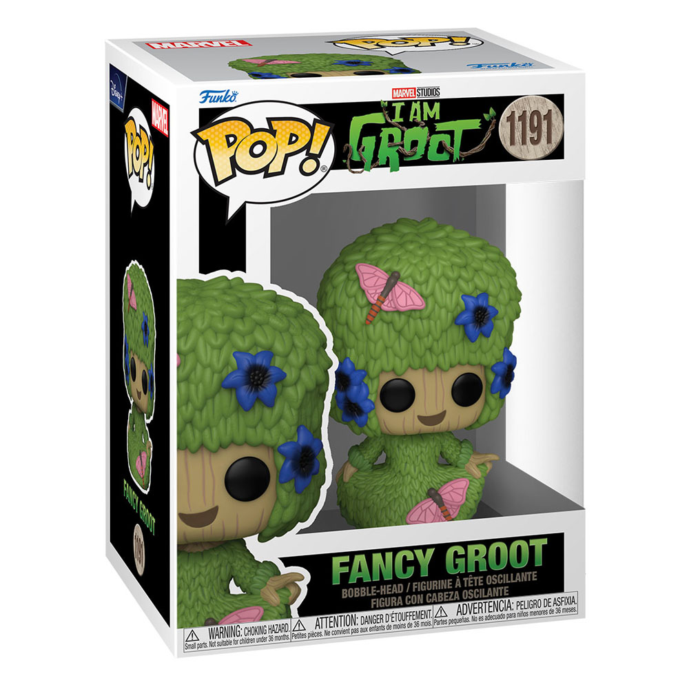 Fancy Groot Funko Pop Schachtel mit grüner Wackelkopf-Figur, blauen Blumen und rosa Schmetterlingen.