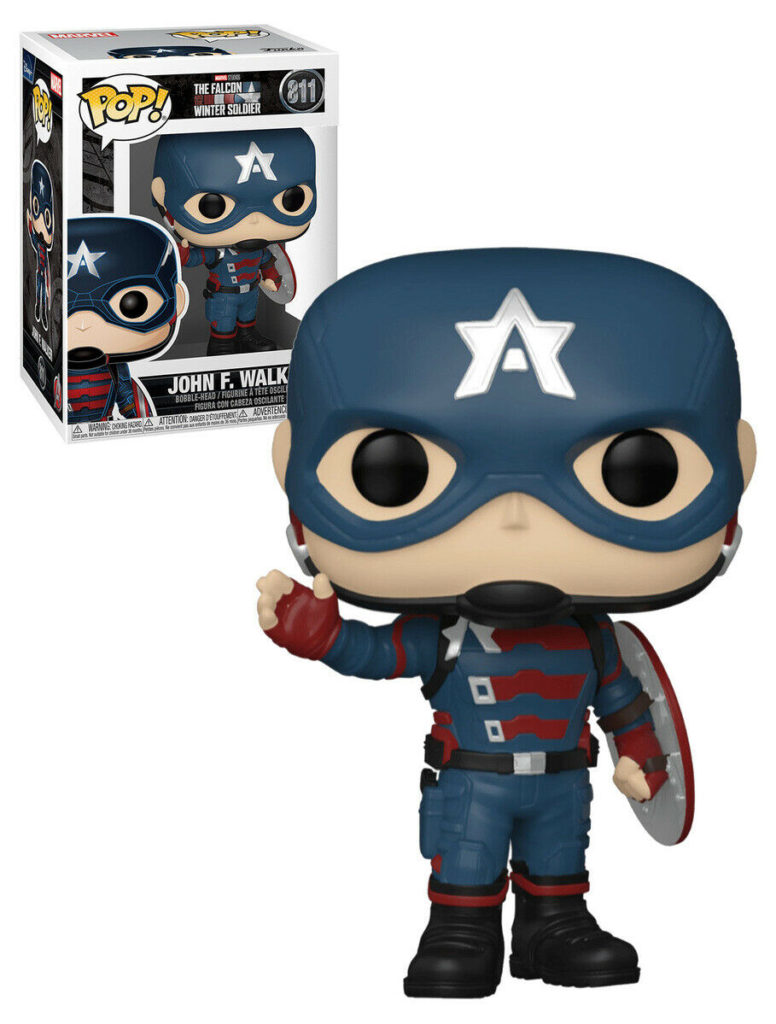 Captain America Funko Pop Figur in blau-rotem Anzug mit Schild, präsentiert mit Verpackung.