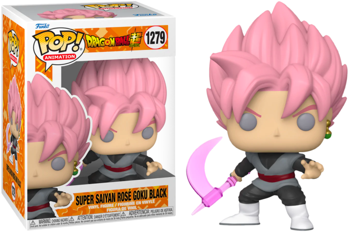 Figurine Funko Pop Dragon Ball Super Super Saiyan Rose Goku Black avec boîte sur fond noir.