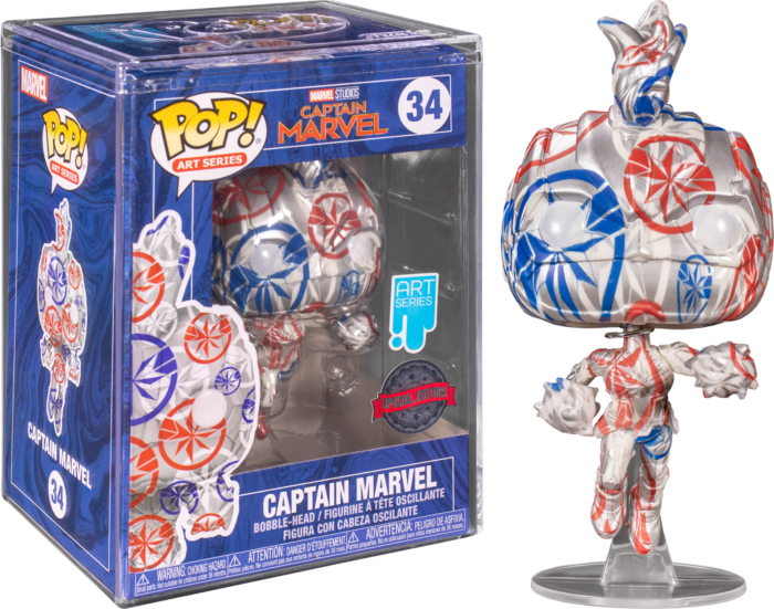 Eine Captain Marvel Art Series Funko Pop Vinylfigur in Weiß mit roten und blauen Sternmustern, neben ihrer Schachtel.