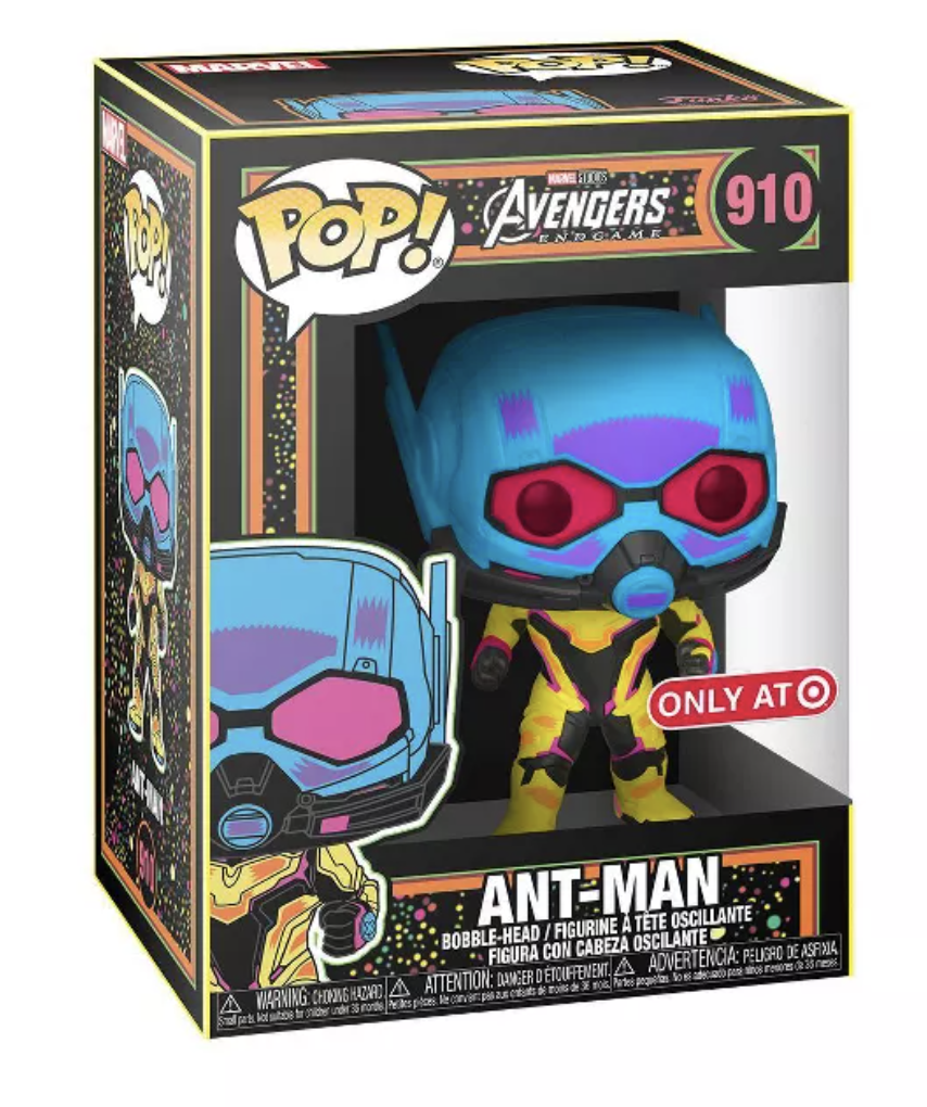 Eine Ant-Man Funko Pop Figur im Schwarzlicht-Design mit blauen, pinken und gelben Farben in der Verpackung.