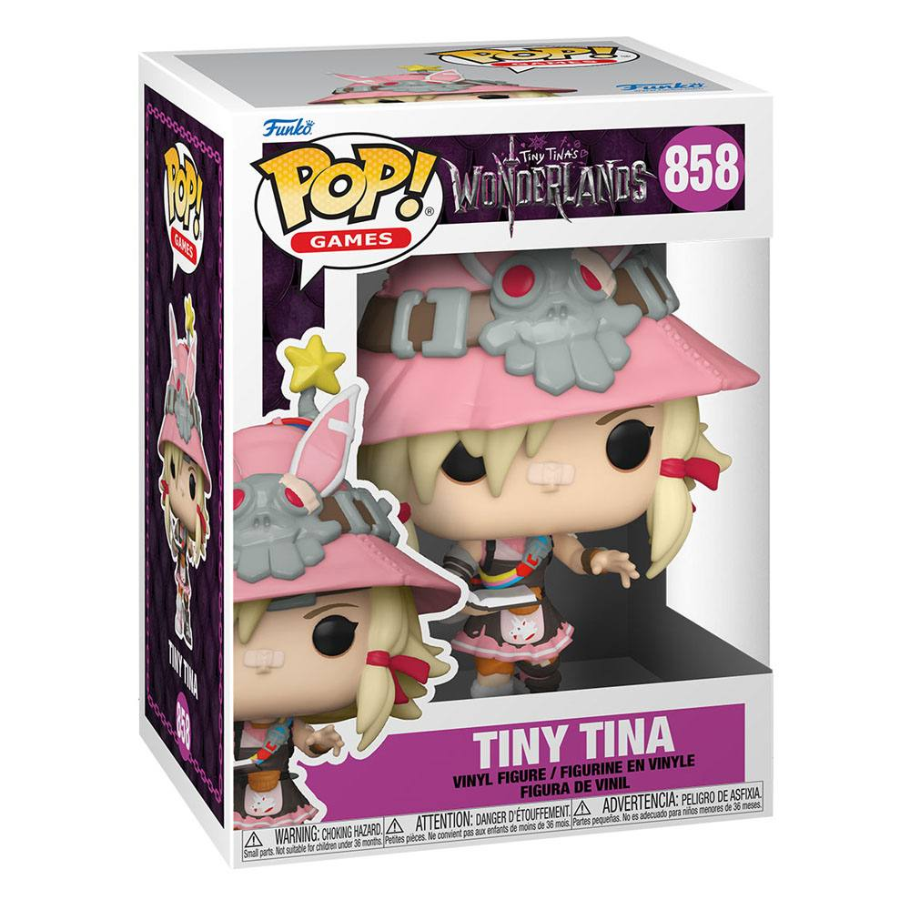 Tiny Tina Funko Pop Vinyl-Figur in ihrer Schachtel, mit rosa Hut und Rüstung.