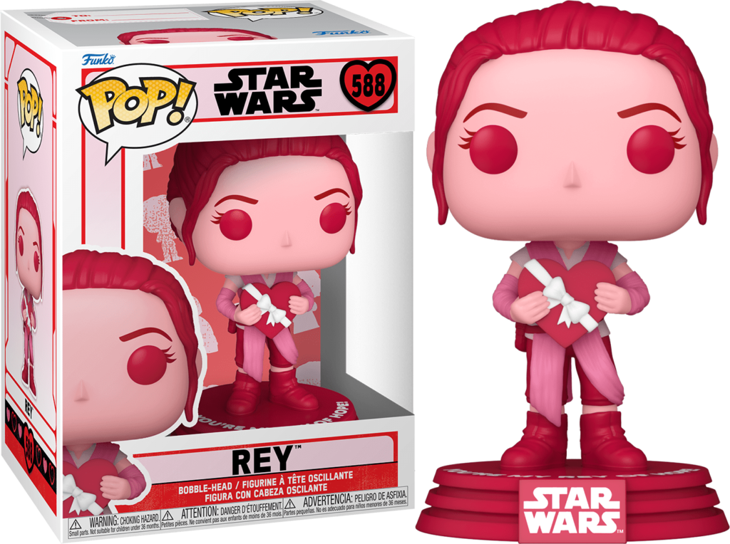 Figura Funko Pop di Rey in toni rosa che regge un dono a cuore, accanto alla confezione di San Valentino di Star Wars.